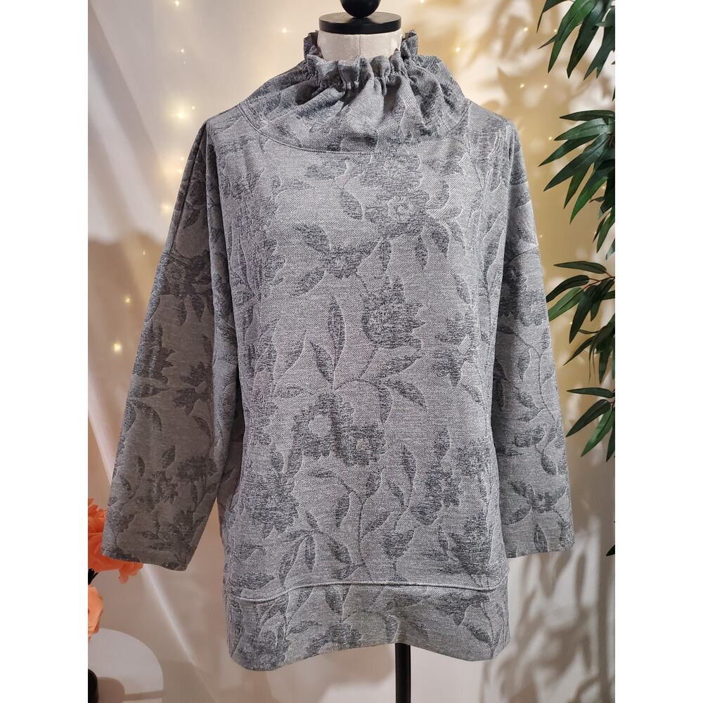 T by Talbots Floral Funnel Tie Neck Pullover Sweatshirt Womens Size 3XP Gray
